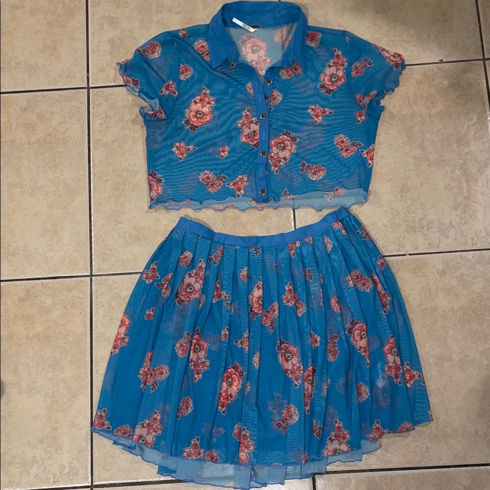 FREE PEOPLE Mesh Floral Blue Two-Piece Set size M